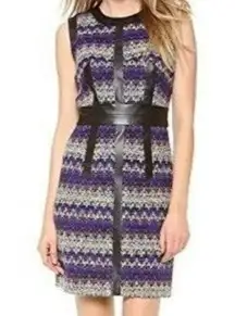 MILLY Tweed Chevron Zig Zigzag Virgin Wool Lamb Leather Mini Dress Size 8