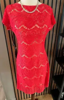 Bebe nudue red beige lace low back floral stretch bodycon top dress medium NWT