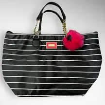 BETSEY JOHNSON Large Vegan Leather Black and White Stripes Satchel Tote | EUC