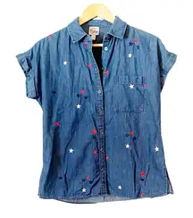 Como Vintage Embroidered Red White Blue Star Denim Button Down Shirt Size‎ Small