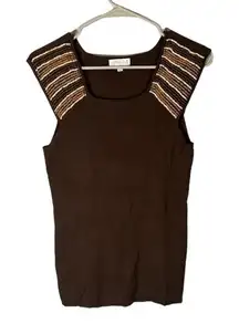Joseph A. Women’s Brown Beaded Square Neck Dressy Blouse Cap Sleeve Size Small