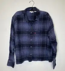 Levi’s Blue Plaid Long Sleeve Button Down Cropped Flannel Shirt EUC Sz Lg Cotton