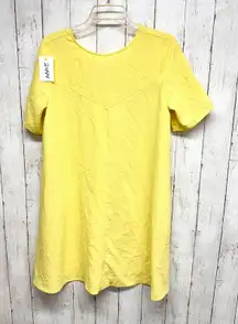 Frnch Dress Women Size M/L Yellow Crepe Round Neck Short Sleeve Shift Mini Sun