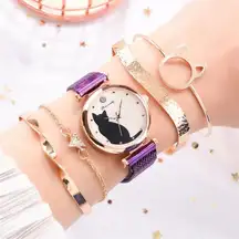 Women Fashion Watches Quartz Wristwatch Purple Mesh Belt Cat Dial Luxury Women