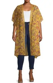 Womens Derek Heart Floral Print Lace Trim Duster Chiffon Kimono Poncho - Sz L