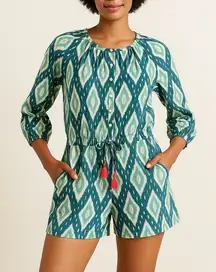 J Crew Ikat Print Long Sleeve Drawstring Waist Romper Blue White‎ Sz L Cotton