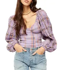 Free People Purple Plaid Puff Sleeve Babydoll Blouse Cropped Women's size Large