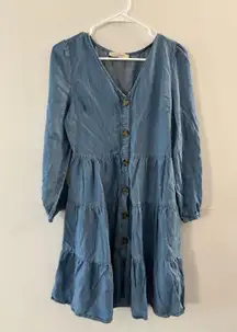 Casa Cabana Womens Chambray Dress XS Cowgirl Western Tiered Boho Long Sleeve