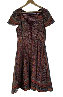 Miss Me Fit & Flare Dress Womens L Multicolor Batik Boho Tribal Hippie Gypsy