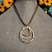 Multi strand cord necklace with 3 hammered rings and earrings set