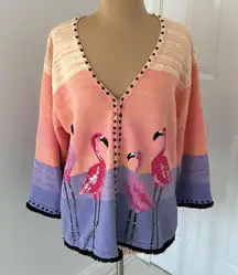 Storybook Knits Embellished Flamingo Full Zip Cardigan