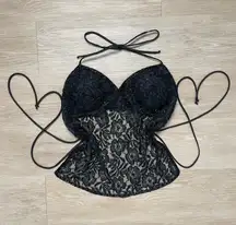 Vintage Y2K Black Floral Sequin Fairy Sheer Open Back Halter Tank Top