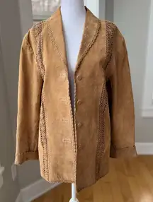 Coldwater Creek Tan Genuine Suede Leather Crochet Boho Shacket Jacket Medium