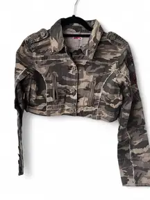 Y2K Camouflage Cropped Jacket Beaded Bird Design Long Sleeve Women’s Size S/M