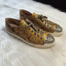 Miu Miu Yellow Python Print Leather Studded Toe Cap Sneakers