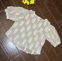 Yuni Los Angeles taupe sheer pom pom puff sleeves sz Large