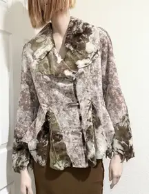 Vintage Unbranded Green & Taupe Cow Print Suede feel Fabric Boho Festival Jacket