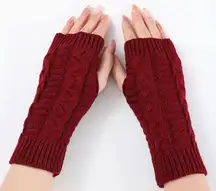 Women’s Cable Knit Fingerless Gloves Burgundy One Size