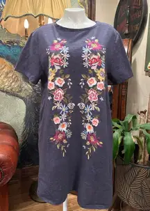 Umgee blue  Raglan Sleeve Mini Dress with front embroidery flower motive