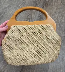 ADG Fashion Imports Vtg Woven Satchel Purse Bag Cream Raffia Wood Handle Japan