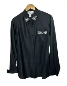 Y2K Diane Gilman 100% Silk Black Button-Up Long Sleeve Shirt Bead Detailing Sz M