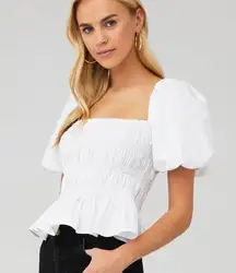 the Label Savina White Smocked Puff Sleeve Cropped Top