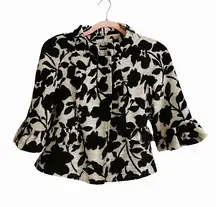 I.C.E. Women's Cropped Jacket – Black & Ivory Floral Size 2  Cotton/Linen Blend
