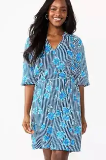 Draper James RSVP Blue Striped Floral V-Neck Smocked-Sleeve Casual Dress Size XL