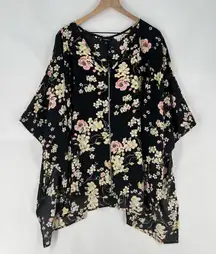 Torrid Black Floral Lightweight V-Neck Full Zip‎ Front Tunic Cape Top Size 3X