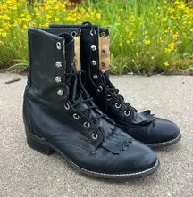 Vintage 80s 90s Laredo Black Roper Lace Up Cowgirl Western Boots Kilte Fringe 7M