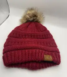 CC Beanie Women's Red Knit Winter Hat Pom Pom Fleece Lined Warm Cozy