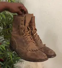 Women Justin Western Lace Up L575 Brown Leather Combat Ankle Boots Fringe USA Vintage Size 6 B #cowboy #cowgirl 