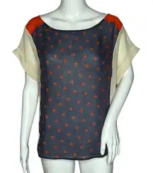 Urban Outfitters Cooperative Blouse Navy‎ Blue Orange Slit Open Back Semi Sheer