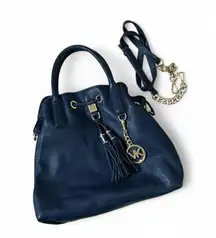 Michael Kors Blue Leather Satchel Bucket Bag Gold Hardware Charm Detail