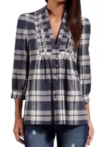 Joie Cotton Flannel Luciana Plaid Sparrow Blouse Blue Cream Size S