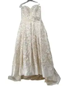 Oleg Cassini Laser Cut Appliqué Pearl Detail Organza Strapless Dress