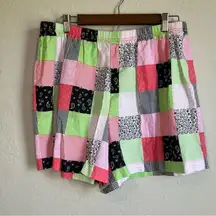 Patchwork Gingham Pink Green Floral Checkered Cotton Shorts Ladies Size 1X