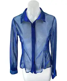 Superdown Womens Blue Metallic Mesh Long Sleeve Sheer Button Down Shirt Top Sz S