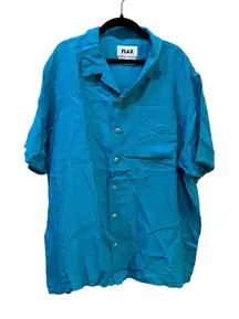 FLAX Button Down Short Sleeve Tunic Shirt Blouse Size Medium‎ Aqua Blue!