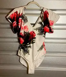 Albion Women Floral Flutter Sleeve One Piece Swimsuit White Pink Tropical Swim L