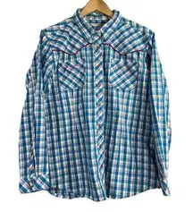 Bit & Bridle Shirt Women Pearl Snap Sz XL Blue Pink Western Rodeo Country Plaid