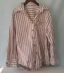 Long Sleeve Beige Striped Oversized Button up Blouse Cotton