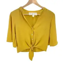 Hiatus Women's Front Tie-up Crop Top Size Small EUC mustard yellow flutter sleev