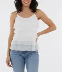 NT By Amari White Sequin Embellished Tiered Ruffle Tank Top Silk Blend Size S