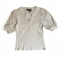 DKNY Jeans White Top with Eyelet Puff Sleeves