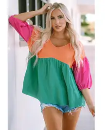 Color block Neon Short Sleeve 100% Cotton Green Orange Pink Preppy Boutique M