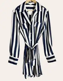 En Creme Navy Blue White Striped Long Sleeve Belted Tie Waist Shirt Dress Size L