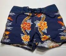 Y2K Board Shorts Women/Junior Sz 5 Blue Orange Hawaiian Print Floral Dragon Dish