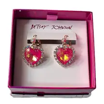 Betsey Johnson Heart Drop Rhinestone Earrings Pink Gold Tone