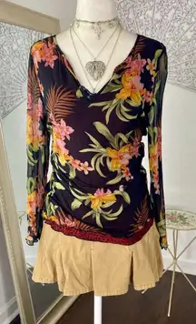 Tommy Bahama Early 2000's Black Floral 100% Silk Long Sleeve Mesh Top L